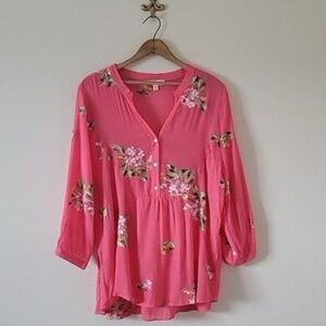 Floral Boho Button-Up Blouse in Pink With Embroidered Flowers